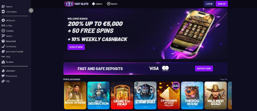 Mobile casino bonus screen from Fast Slots, showcasing a 200% welcome offer with free spins and weekly cashback—ideal for real money slots players. Fast Slots Casino Mobile Bonus