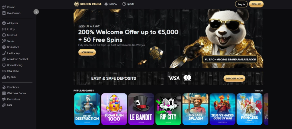 Golden Panda Casino welcome bonus screen featuring mascot Fu Bao and a 200% offer, tailored for users searching real money slots sites with themed promotions. Golden Panda Homepage Casino Bonus