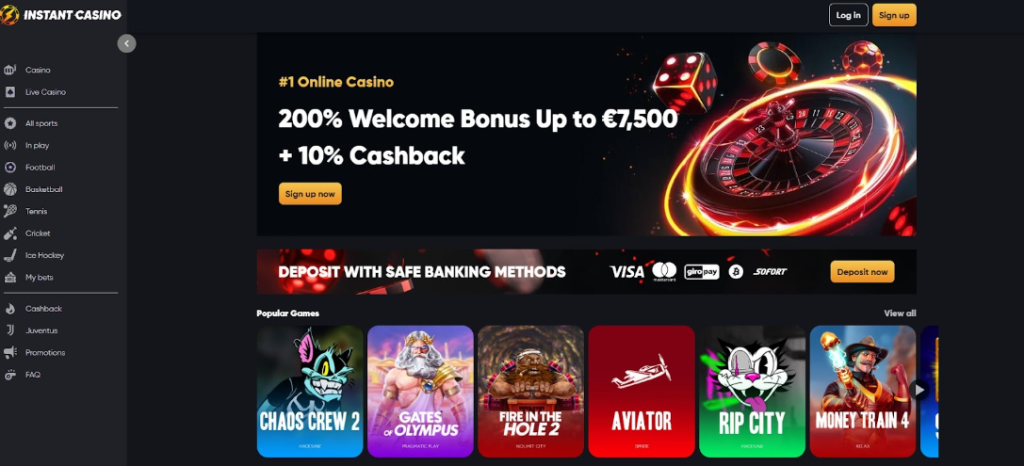 Welcome page of Instant Casino highlighting a €7,500 bonus and safe deposit methods, perfect for players browsing trusted real money slots sites. Instant Casino Interface with Live Bonus – Real Money Slots Sites