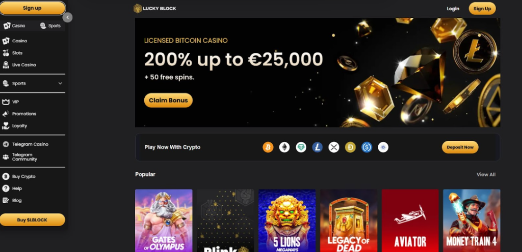 Lucky Block’s welcome bonus screen showing €25,000 offer, integrated with crypto payment icons, representing top-tier real money slots sites for crypto users. Lucky Block Crypto Casino – Real Money Slots Sites with Bitcoin